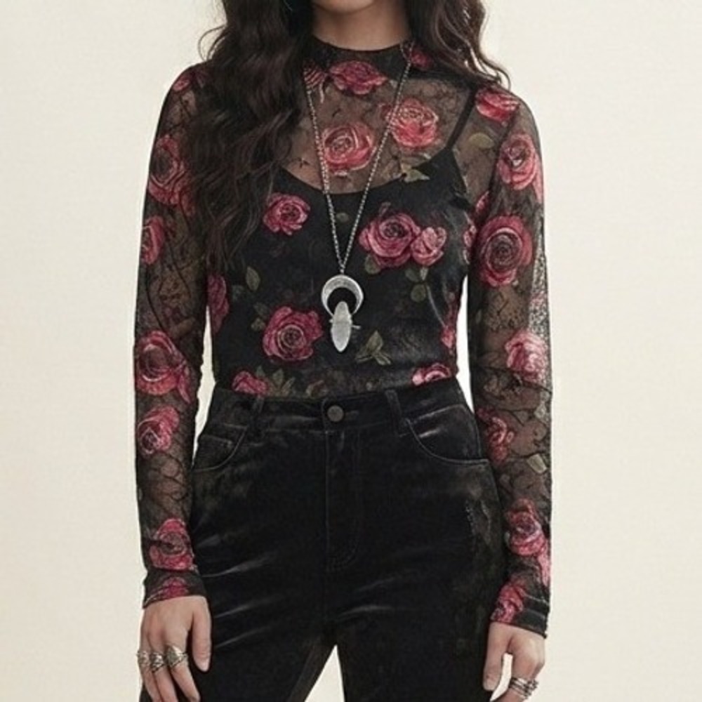 Torrid sheer lace Top 3x Mesh Floral Rose Mock Neck Black whimsigoth dark fairy